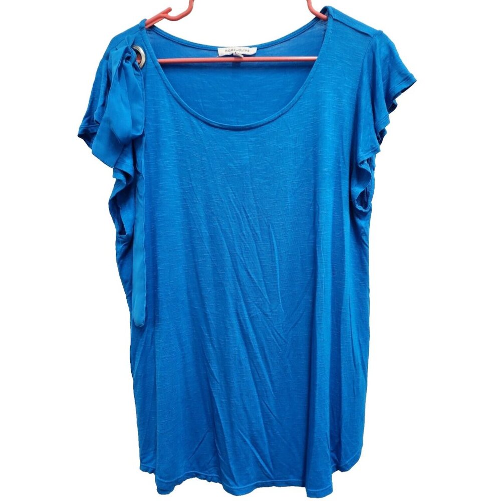 Rose + Olive‎ Womens Tunic Top Large Blue Flutter Sleeve Bow Shoulder BOHO